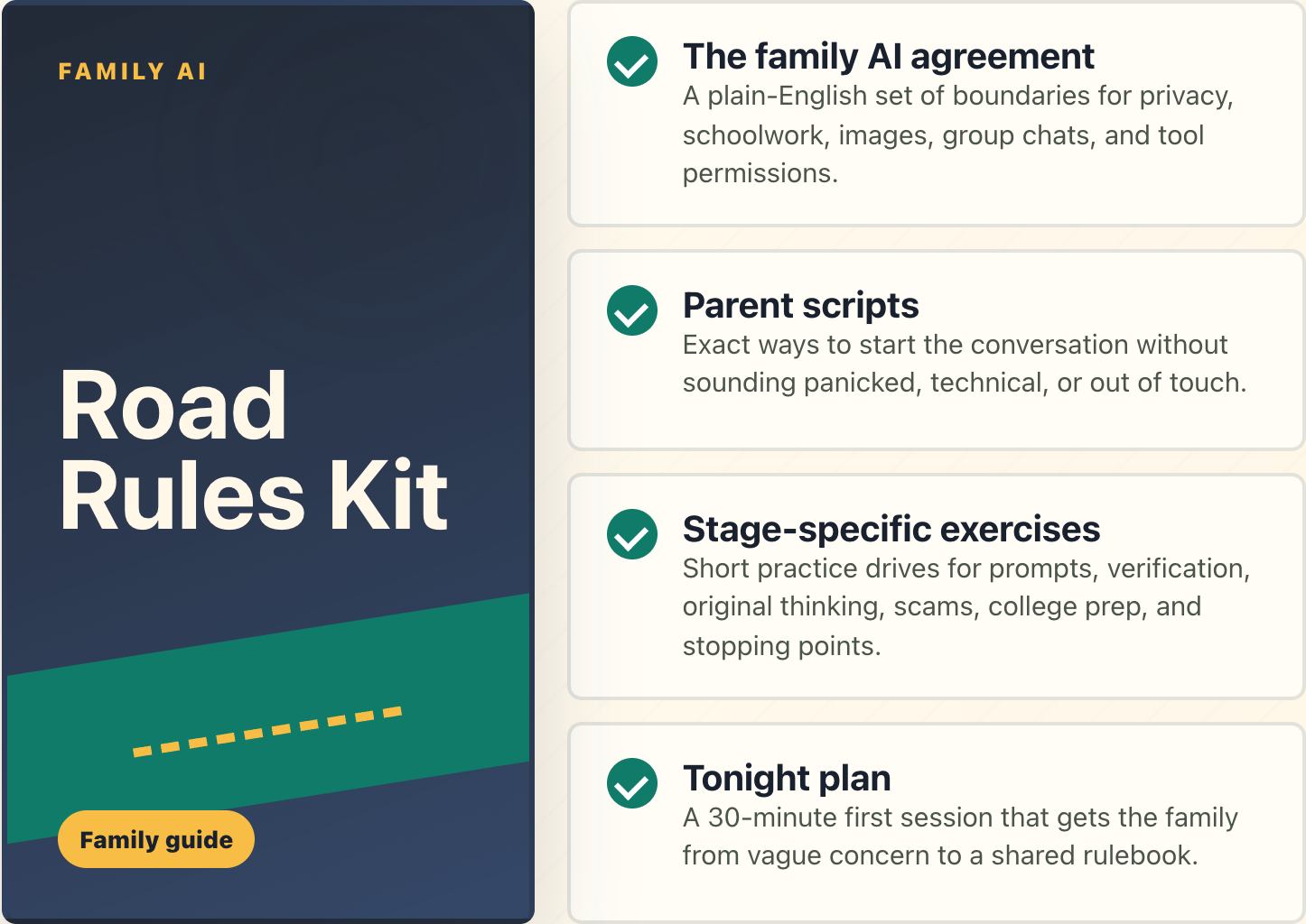 Road Rules Kit illustration: family AI agreement, conversation scripts, life-stage exercises, and a 30-minute session plan
